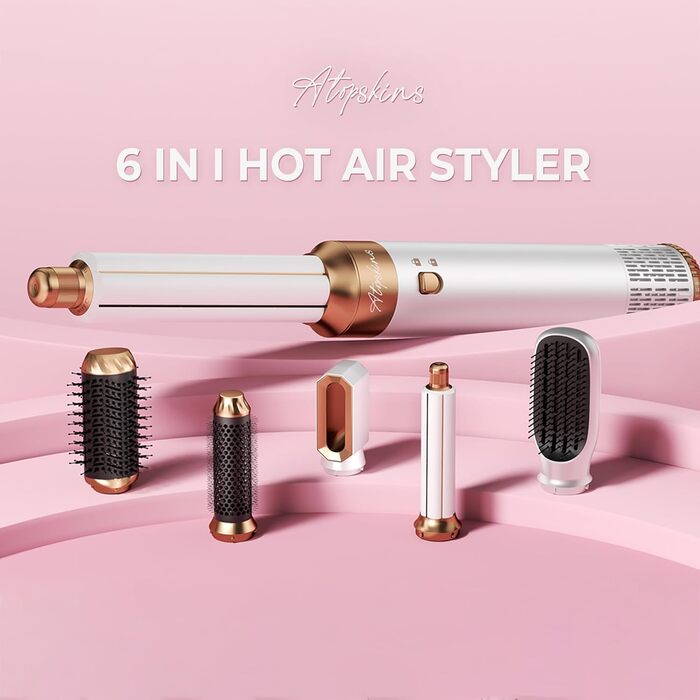 Atopskins Airbrush Haarstyler 5-в-1: Фен-щітка, стайлер для волосся, випрямляч, плойка, об'ємний фен (біло-сірий)