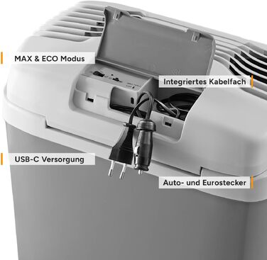 Автомобільний холодильник/термос First Austria Thermoelektrische Kühlbox 24L з USB-C PD 3.0 52W, живлення від мережі/автомобіля/USB, чорно-сірий