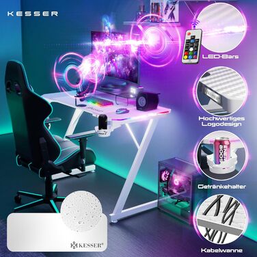 Ігровий стіл KESSER® LED 100x60 см | З-подібний стіл для геймерів | Кріплення для навушників, вуглецеве покриття | Ергономічний стіл для ПК | Стабільний стіл з тримачем для напоїв, білий