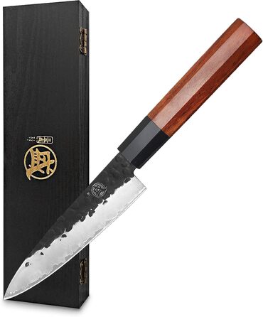 Японський ніж Mitsumoto Sakari для кухні, 14 см, з високоякісної сталі, ручка з рожевого дерева, подарункова коробка