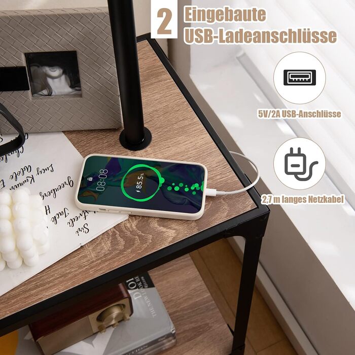 Торшер з тумбочкою COSTWAY, 360° поворотний, з USB, для вітальні та спальні, під лампу E27 (без лампочки)