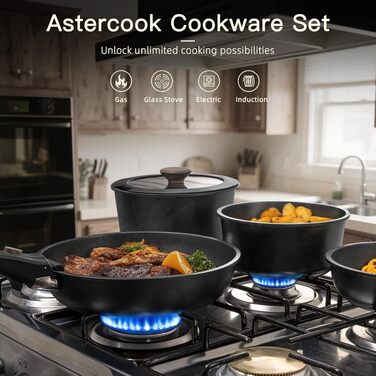 Набір посуду Astercook 21 предмет: каструлі та сковороди з керамічним антипригарним покриттям, знімні ручки, для індукції, духовки, кемпінгу, чорний