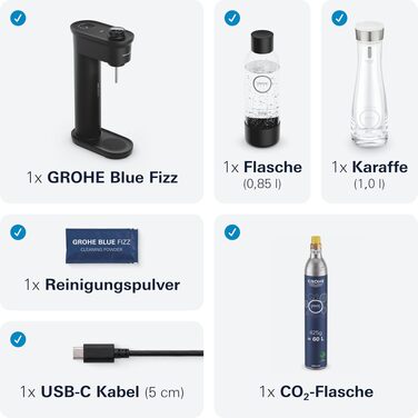 Сифон для газування води GROHE Blue Fizz Starter Set, чорний (3 рівні газування, пляшка 0.85л, порошок для очищення), 31943K00