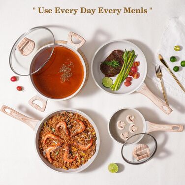 Набір посуду SODAY 12 предметів для індукційних плит, антипригарне гранітне покриття, білий колір. Лопатка, ложка та щипці в комплекті.