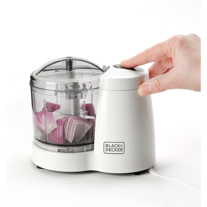 Подрібнювач Black+Decker BXCH120E, 120 Вт, 350 мл, 1 швидкість, нержавіючі леза, просте очищення, біло-сірий
