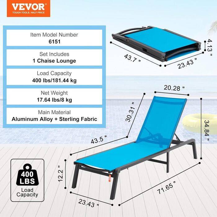 Лежак для відпочинку VEVOR, 182x60x88 см, блакитний, з регулюванням положення, для саду, тераси, пляжу, басейну