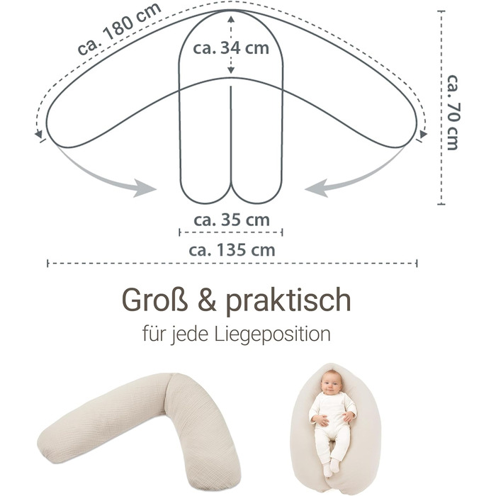 Подушка для вагітних та годування Theraline Dodo Pillow Premium 180 см, мусліновий чохол (100% бавовна), бежева