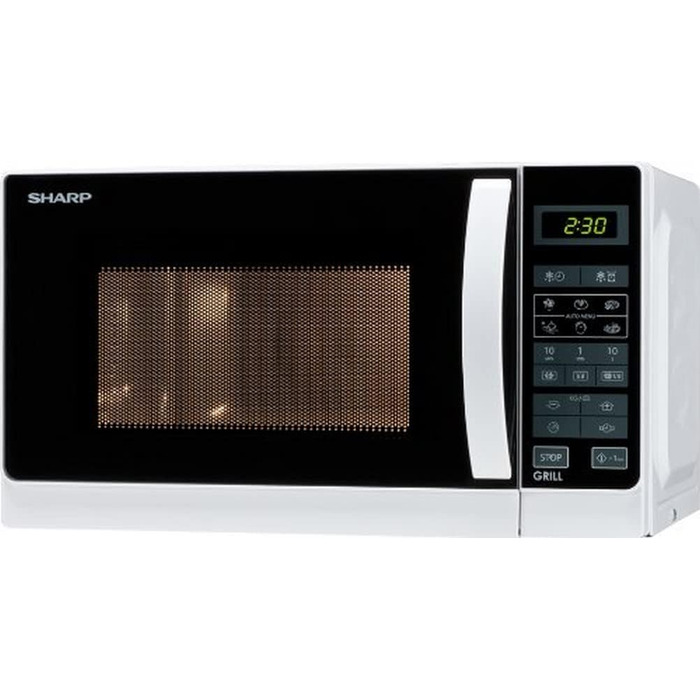 Мікрохвильова піч Sharp R642WW з грилем, 20 л, 800 Вт, 1000 Вт кварцовий гриль, 8 автопрограм, таймер, захист від дітей, енергозбереження, скляний піддон 25,5 см, біла