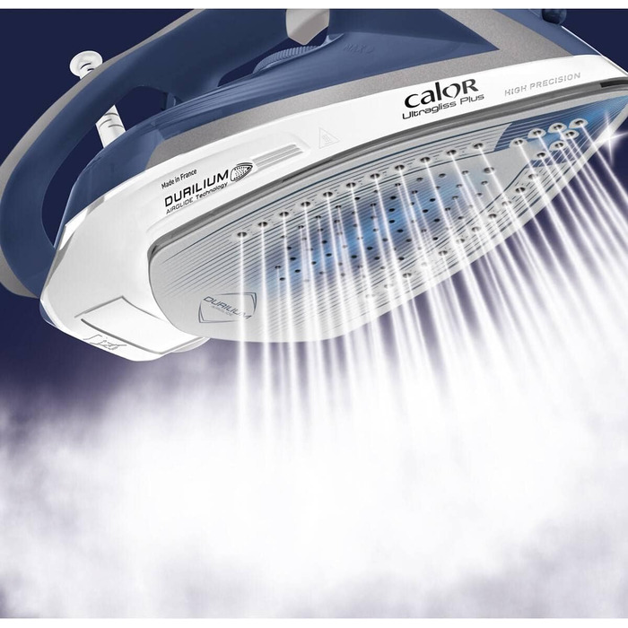 Праска Calor Ultragliss Plus 2800 Вт, парова, 50 г/хв, паровий удар 260 г/хв, антипригарна підошва, вертикальне відпарювання, автоматичний пар, синьо-срібляста, преміум