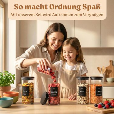Набір скляних банок для зберігання продуктів EDELHAUS з кришками, чорні (5 шт), 4x1200 мл, з 54 етикетками — органайзер для кухні (борошно, цукор, паста, кава, чай)