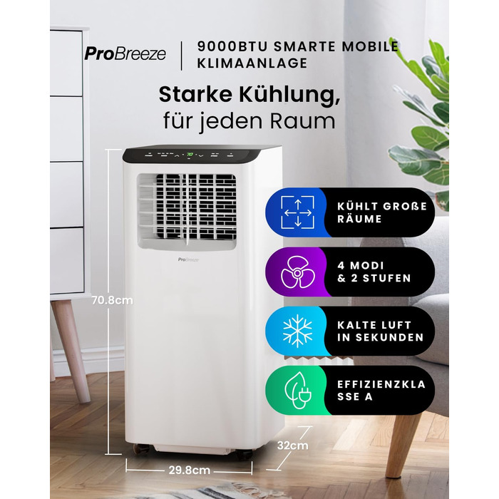 Мобільний кондиціонер Pro Breeze 9000 BTU 4-в-1: охолодження, вентиляція, осушення, нічний режим. Клас енергоефективності A, пульт, таймер 24 год, управління зі смартфона