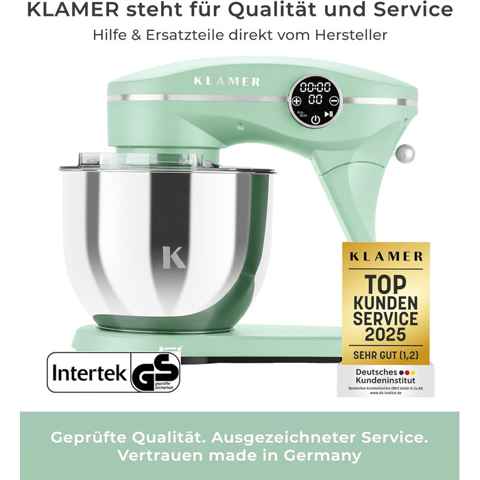 Кухонний комбайн KLAMER 1800W, планетарний міксер для тіста з чашею 6л з нержавіючої сталі, 10 швидкостей, таймером та набором насадок (Premium Mint)