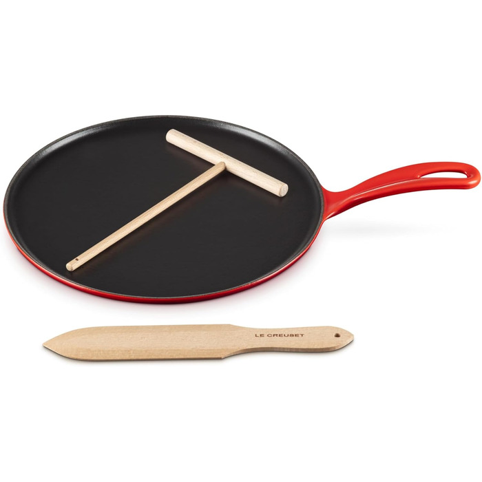 Сковорода для крепів Le Creuset з дерев'яним шкребком, чавун, Ø 27 см, для всіх типів плит (включаючи індукцію), Червоний (Cerise), 20136270600460