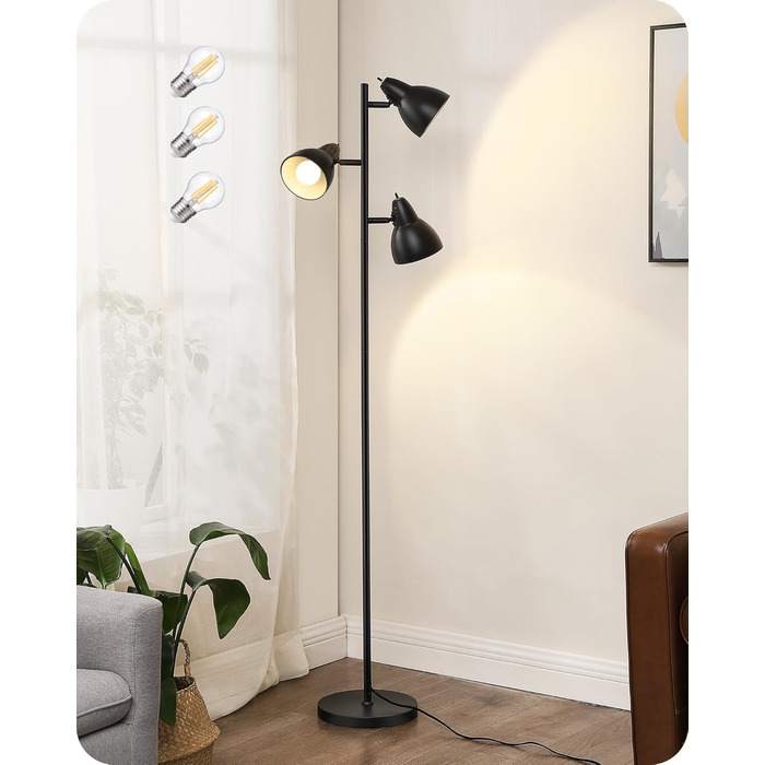 Торшер EDISHINE 163 см, 3 лампи, чорний, з LED-лампою E27, регульований, вінтажний, для вітальні, спальні, офісу, з індивідуальними вимикачами, сучасний дизайн, лампа у комплекті