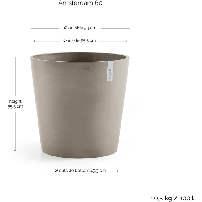 Горщик для квітів Ecopots великий, Амстердам, 44,3 см (діаметр), 59x59x55.5 см, бежевий
