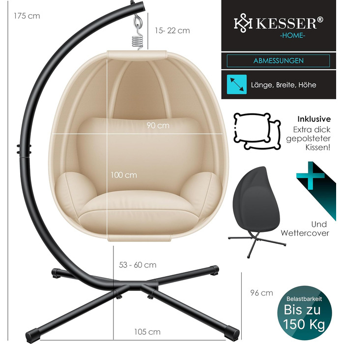 Підвісне крісло-гойдалка KESSER Luxe з м'якою подушкою, підставкою та захистом від погоди, для дому та саду, бежеве, до 150 кг