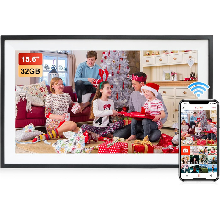 Цифровий фоторамка Frameo 15.6 дюймів: Wi-Fi, FHD IPS сенсорний екран, 32GB, автоматичне обертання, віддалене завантаження фото та відео, кріплення на стіну