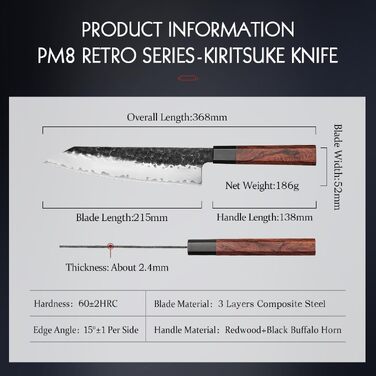 Професійний японський ніж Kiritsuke HEZHEN 21,5 см, кухонний ніж із 3-шарової дамаської сталі з восьмигранною ручкою з червоного дерева та дерев'яним чохлом