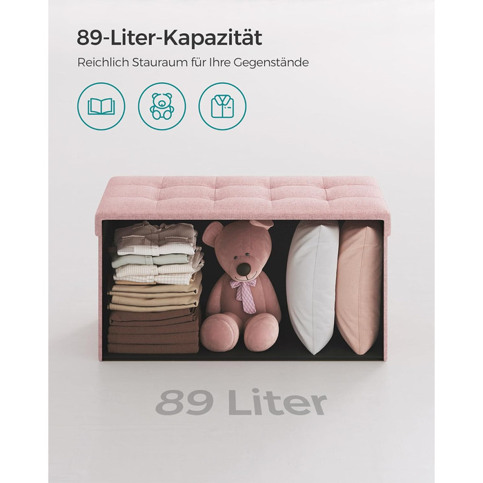 Складаний пуф SONGMICS з місцем для зберігання, 76×38×38 см, до 300 кг, для вітальні, спальні, коридору, попелясто-сірий