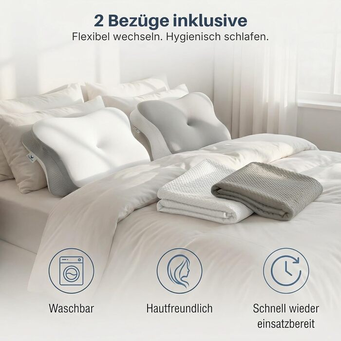 Ортопедична подушка для сну з ефектом пам'яті для шиї та спини - Ergonomisches Kissen - Сіра/Біла, з 2 наволочками, регульована висота, сертифікована, при болях у шиї