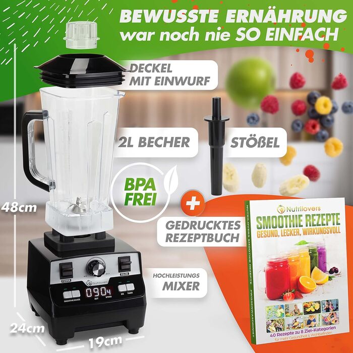 Потужний блендер NUTRI-BLENDER MAX 2000Вт для смузі, професійний стаціонарний міксер 2л Tritan, BPA-free, 9 швидкостей, цифровий таймер, з рецептурником