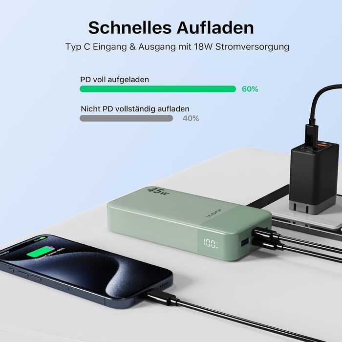 Power Bank JUOVI J2621, 20000mAh, 45W, для Switch, MacBook, iPhone, Samsung, Steam Deck, зелений