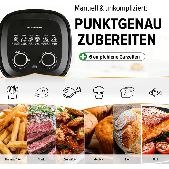Аерофритюрниця GOURMETmaxx 3,1 л, потужність 1350 Вт, 6 функцій (включаючи розморожування та підігрів), таймер на 60 хвилин, енергоощадна безмасляна фритюрниця