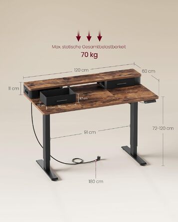 Електричний стіл VASAGLE з регулюванням висоти, шухлядою та розеткою 140x60 см, вінтажний коричнево-чорний LSD114X01