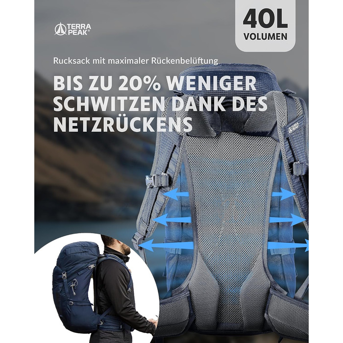 Туристичний рюкзак Terra Peak 40 л з вентильованою спинкою, тримачем для питної системи та дощовиком, для походів і одноденних виїздів, темно-синій
