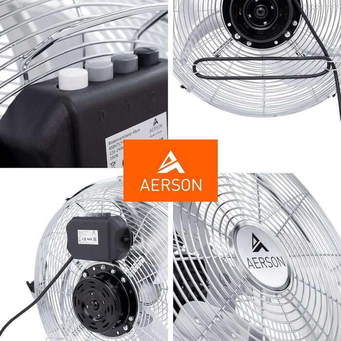 Підлоговий вентилятор TRESKO AERSON 50 см, 120 Вт, 3 швидкості, хром, металевий, потужний потік повітря, регулювання нахилу 110°
