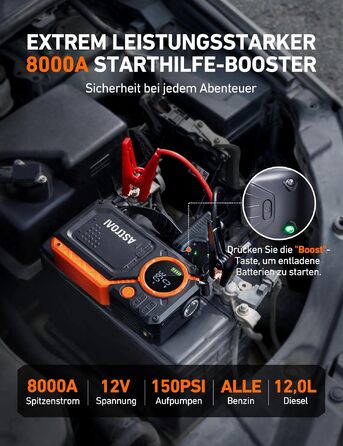 Пусковий пристрій AstroAI Starthilfe Powerbank для авто 8000А з компресором, помаранчевий