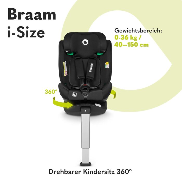 Дитяче автокрісло Lionelo Braam i-Size 360° ISOFIX, 0-36 кг, обертальне, регульована підголівник і спинка, з редукційною вставкою, чорне