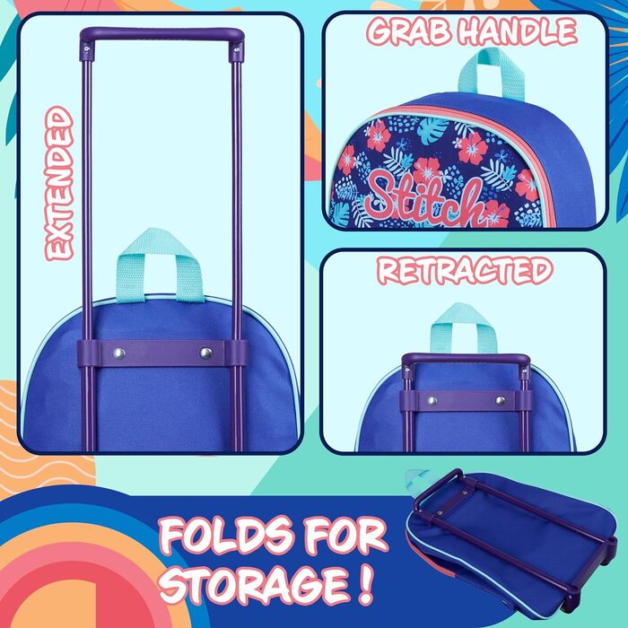 Дитяча валіза Disney Stitch, легкий складаний ручний багаж 39x27 см, 10,5 л, 2 колеса, висувна ручка