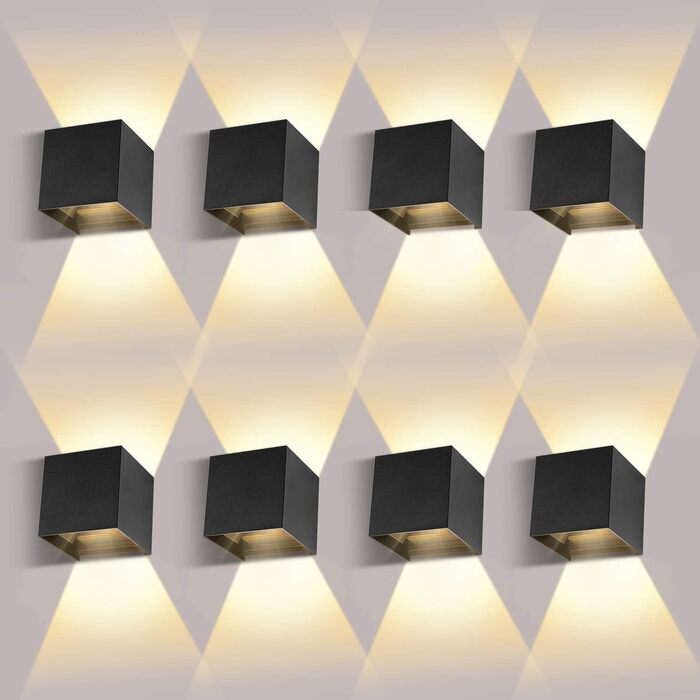 Набір настінних LED світильників ledmo (8 шт), 12W, чорні, тепле біле світло 2700-3000K, двосвітловий (вгору та вниз), IP65 вологозахищені для дому та вулиці