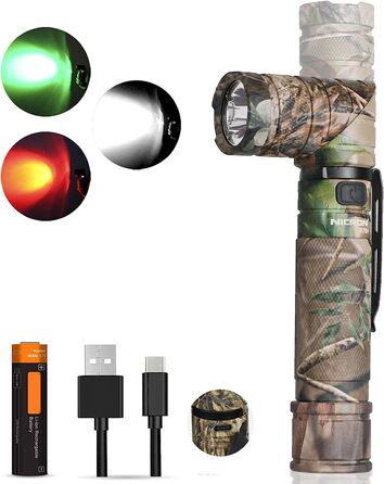 Ліхтарик NICRON B70P LED 1200 лм з червоним і зеленим світлом, магнітом, USB-заряджанням, поворотною головкою 90°, водонепроникний IP65, для нічного бачення, 100 годин роботи, камуфляж