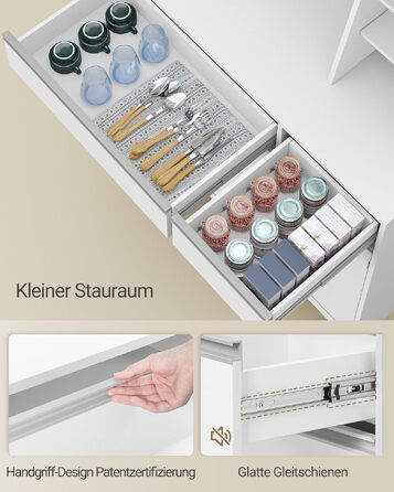 Кухонна шафа-комод Hzuaneri з LED-підсвіткою та розетками, білий, 40 x 100 x 180 см, з робочою поверхнею та 2 шухлядами, PT00103XEU