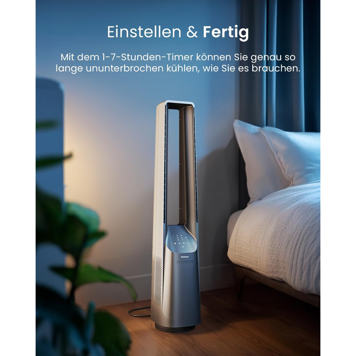 Pro Breeze Tower Fan 101 см без лопатей - вентилятор з LED дисплеєм, 6 швидкостей, 5 режимів, автоколивання 60°, таймер 7 годин (пульт, срібний)