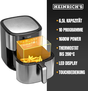 Аерофритюрниця HEINRICHS XXL 9L 10-в-1 з LED-дисплеєм та сенсорним керуванням, потужність 1800W, чаша для посудомийки