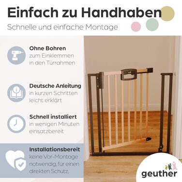 Захисний бар'єр Geuther Easylock Plus для сходів та дверей (152,5-160,5 см) - дерев'яно-металевий, без свердління, двосторонній, сірий/натуральний