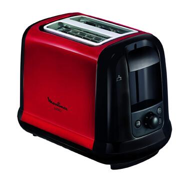 Тостер Moulinex LT261D Subito, 850 Вт, 2 слоти, червоно-чорний, з підставкою для булочок, регульовані ступені підсмажування, розморожування та підігрів