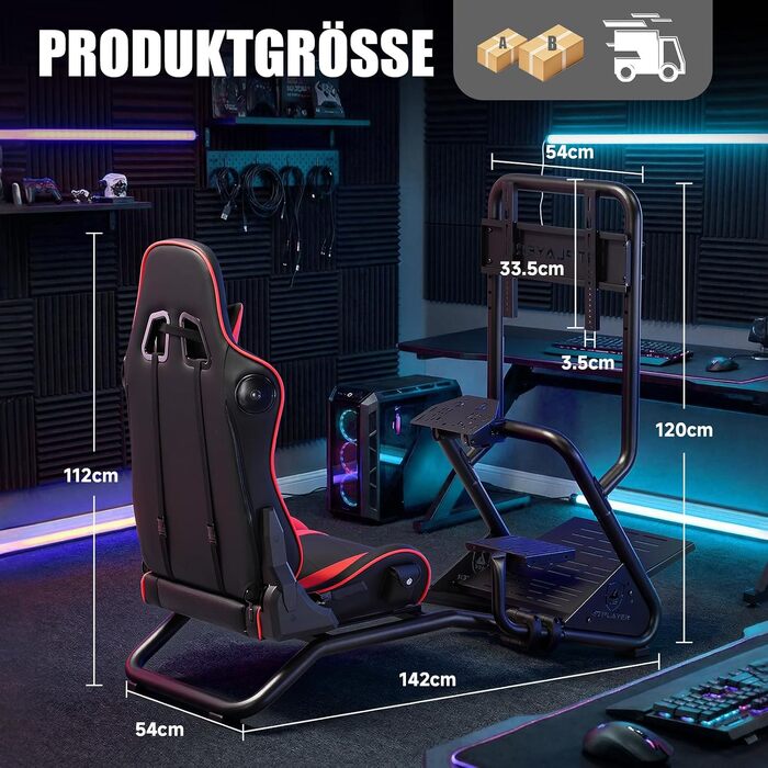 Ігровий симулятор GTPLAYER Cockpit для керма з 3D-стереодинаміками, тримачем для монітора, педалей та важеля КПП, регульований (Червоний)