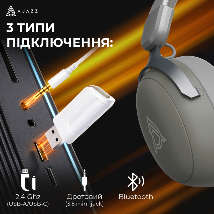 Бездротова ігрова гарнітура Ajazz AHM08 MAX Gray White (AHM08-MAX-GW)