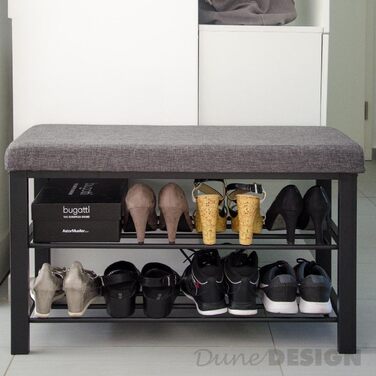 DuneDesign взуттєва полиця 81x32x46 см, відкрита металева лавка для взуття з 2 полицями та м'яким сидінням з льону, сіра