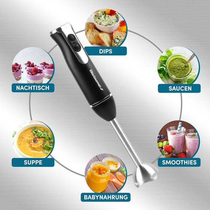 Занурювальний блендер Elite Gourmet EHB1015, 2 швидкості, нержавіюча сталь, знімна насадка, чорний
