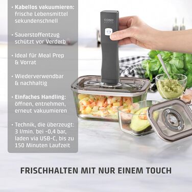 Акумуляторний вакууматор CASO Vacu OneTouch Eco-Set з 3 скляними контейнерами, 10 ZIP-пакетами та стікерами Food Manager, чорний