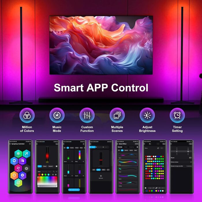MIWATT LED торшер 143 см для вітальні, RGB, диміруємий, з пультом і додатком, 16 млн кольорів, музичний режим, таймер, чорний