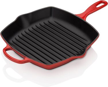 Le Creuset чавунна квадратна гриль-сковорода Signature 26 см, червона + класичний силіконовий чохол на ручку, чорний/червоний