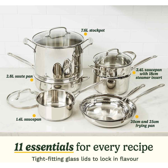 Набір посуду Cuisinart Ceramica XT 11 предметів: каструлі, сковороди, сотейник, пароварка. Керамічне антипригарне покриття з титаном, без PTFE, PFOA та PFAS. Нержавіюча сталь.