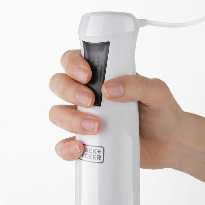 Блендер занурювальний BLACK+DECKER BXHB500E, 500 Вт, білий, ергономічний дизайн, захист від бризок, пластиковий корпус, мірний стакан у комплекті