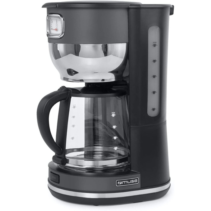 Кавоварка MUSE MS-220 DG з глечиком, 10 чашок, з функцією підігріву, скляна каністра, нержавіюча сталь, сіра